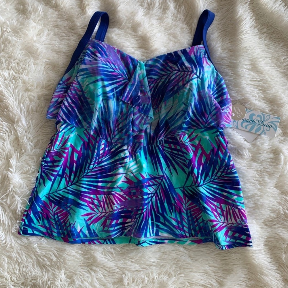Beach Diva Womens 16W Tankini Top Tropical Palm Leaf Ruffle Blue 604MPT0034